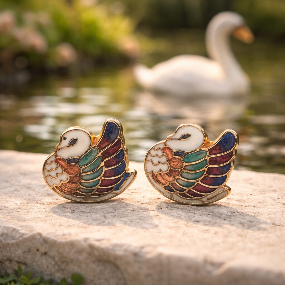 Vintage Fancy Swans Cloisonne Enamel Stud Earrings